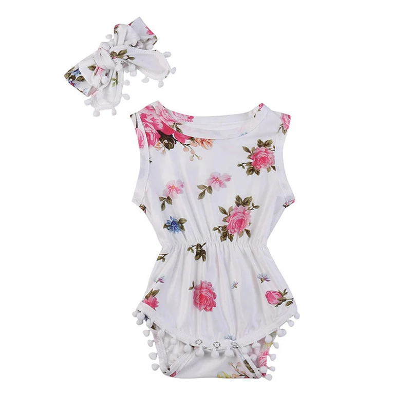 

2018 New Fashion Summer Girl Sleeveless Flower Printing Romper Infant Baby Jumpsuit + Headband Suit For 0-2 Year Baby @