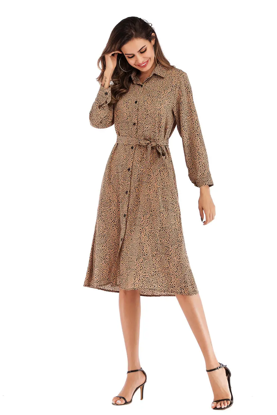 Gladiolus Chiffon Spring Dress Women 34 Sleeve Turn-Down Collar Leopard Print Belt Women Shirt Dress 2019 Autumn Sexy Dresses (47)