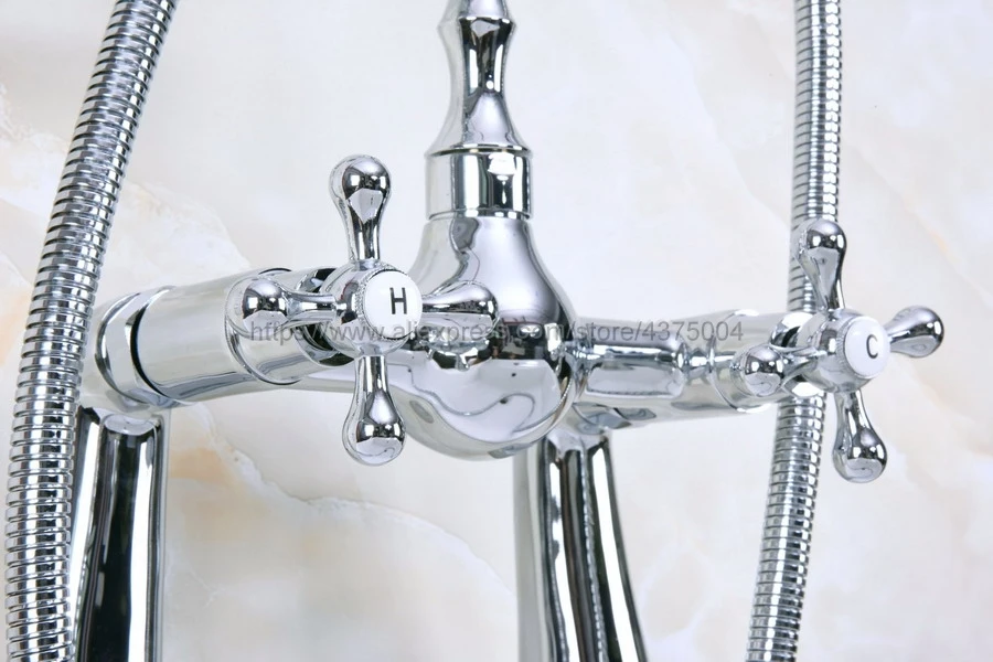 Polished Chrome Bathroom Shower Faucet Bath Faucet Double Cross Handles  With Hand Shower Head Set Deck Mounted Nna129