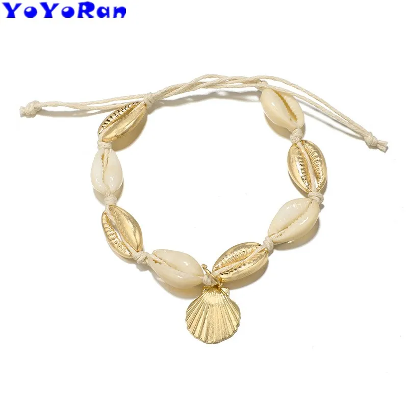 

1 Piece gold shell charm anklets bracelet for woman cartoon Bohemia sea conch snail animal rope adjusted anklets jewelry gift