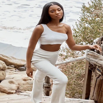 

New arrival 2019 sexy two 2 piece set women white sleeveless bandage top and long pants sexy one shoulder summer suits clubwear
