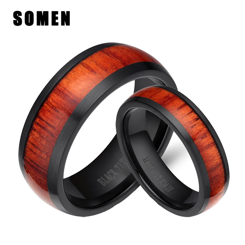 black titanium rings with mahogany wood inlay 6mm 8mm women men his and hers wedding - Black Wedding Rings For Him And Her black titanium rings with mahogany wood inlay 6mm 8mm women men his and hers wedding - Black Wedding Rings For Him And Her