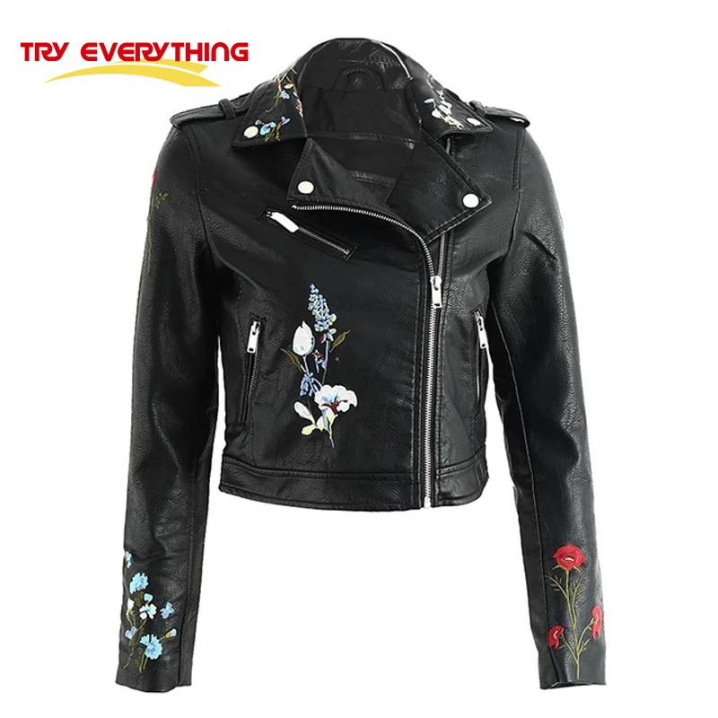 Try Everything Flowers Embroidery Leather Jacket Women