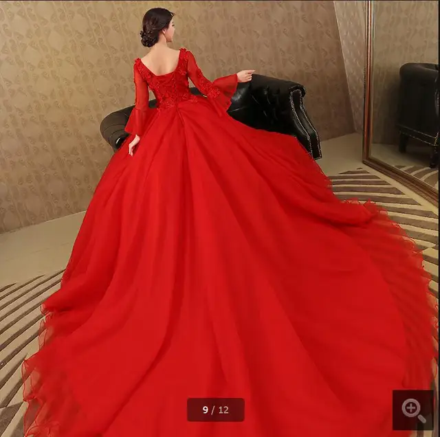 Robe De Mariage Ball Gown Red Wedding Dresses Long Sleeve Lace Robe De Mariage Ball Gown Red Wedding Dresses Long Sleeve Lace Liques Muslim Dress Chapel
