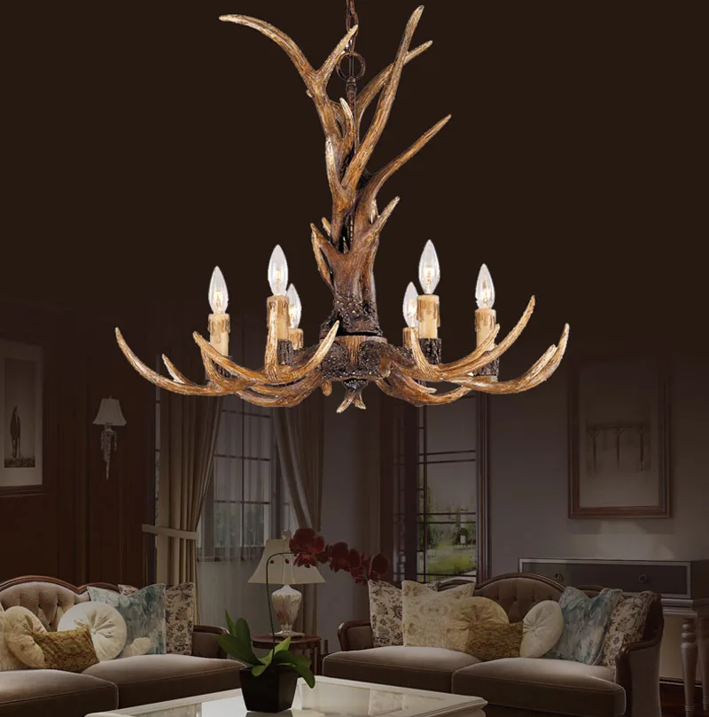 

Europe Country 6 Head Candle Resin Antler Chandelier Lighting American Retro Deer Horn Lustres Art Deco for Kitchen Living room