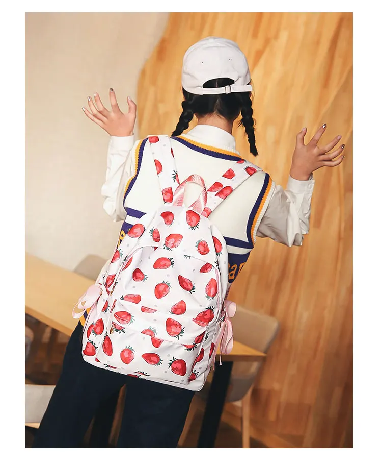 Японский рюкзак в свежем Стиле с принтом клубники, розовый бант, лента, сумка для книг, рюкзаки для девочек-подростков, милые рюкзаки