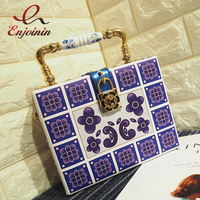 Новый стиль Мода элегантный цветок печати блокировки коробки форма женская сумка сумки женские Crossbody сумка 2 цвета