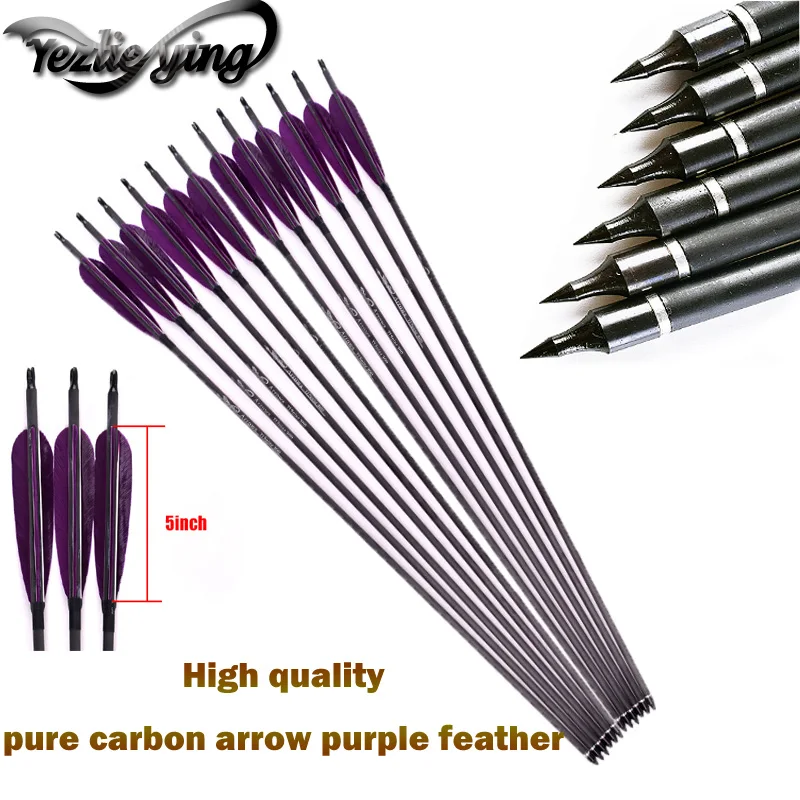 

6/12PC Spine 300 Pure Carbon Arrows Crossbow Arrows 5" Purple Turkey Feather Outdoor Hunting Archery Replaceable Arrows