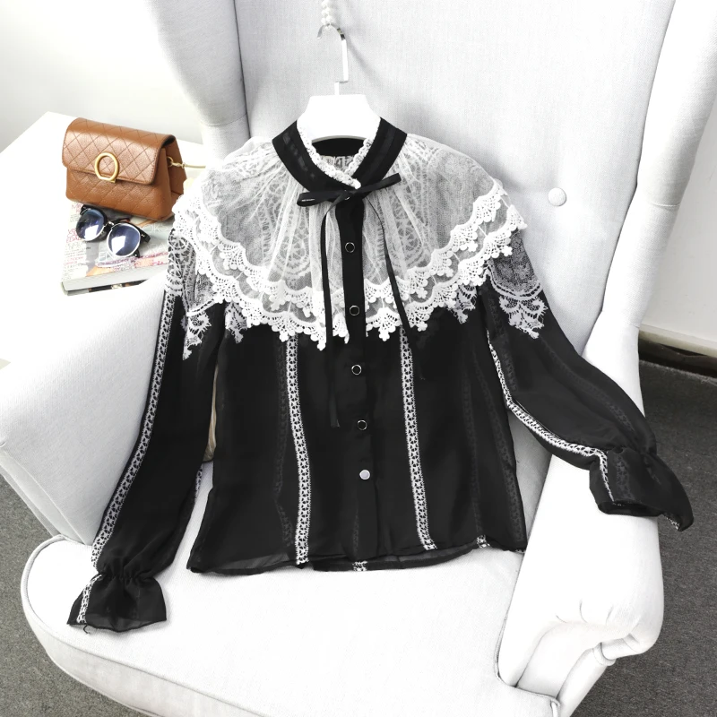 Woman bowknot chiffon Blouses Ruffles Shirts Ribbons striped Lace Tie ...