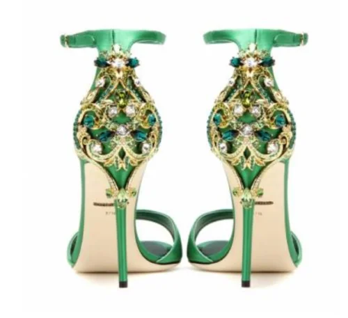 

Womens Open Toe Crystal Rhinestones Ankle Strap Stilettos High Heel Rome Shoes Sexy Pumps Leather Black Green