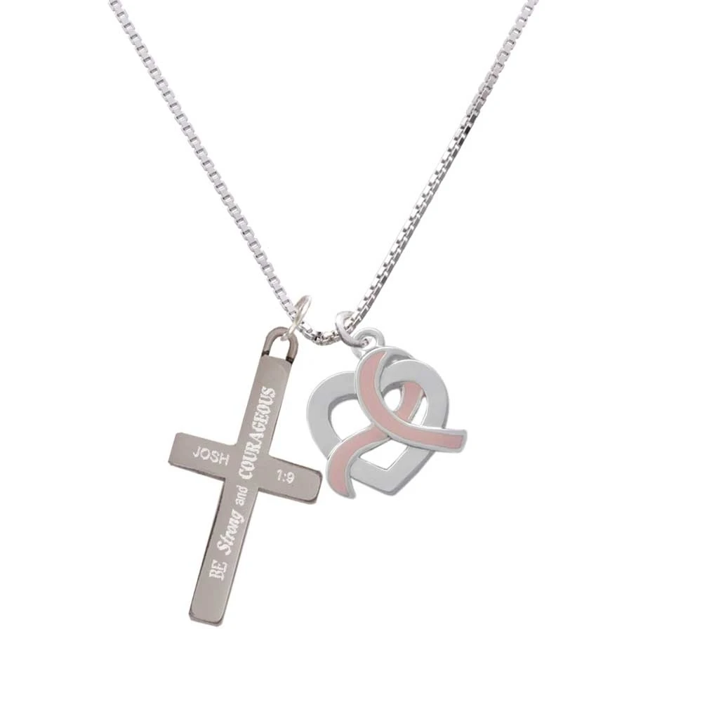 Heart Outline with Pink Ribbon Looping Through - Strong and Courageous - Cross Necklace