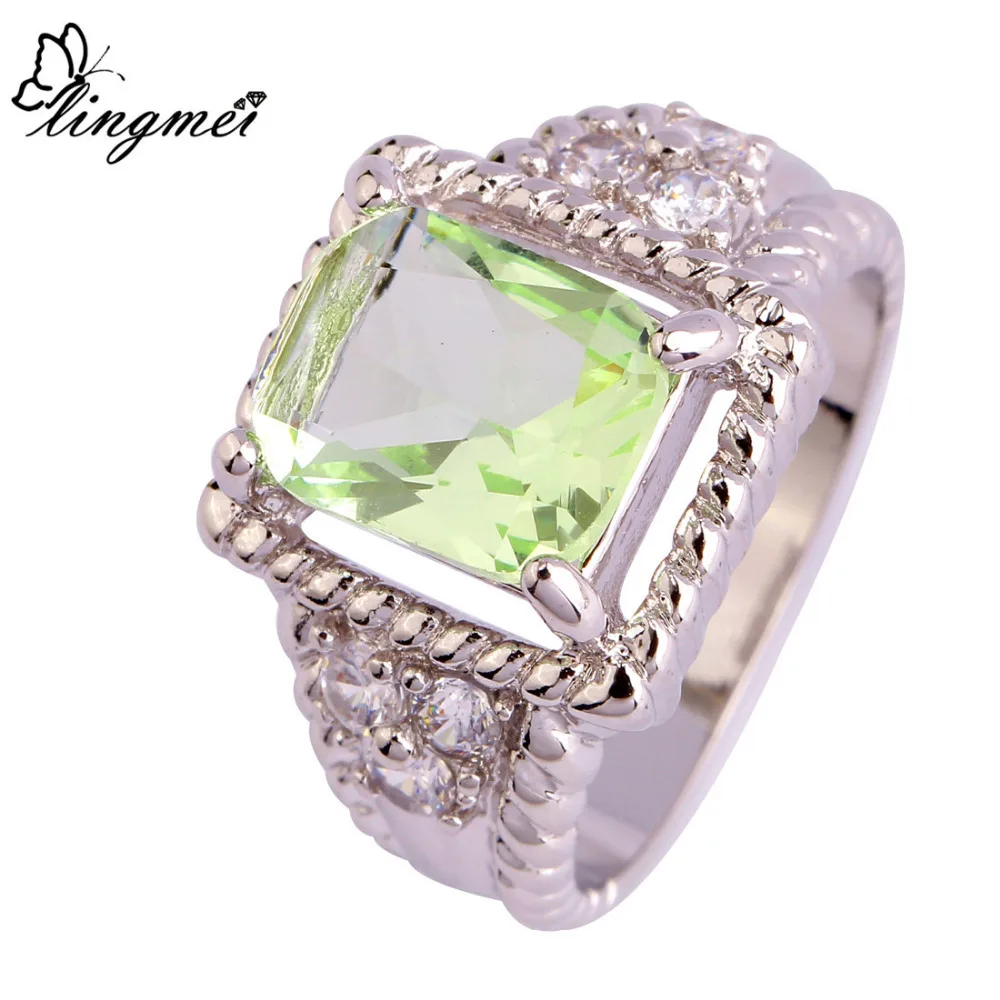 Lingmei Новая мода популярный зеленый серебряный пасьянс кольцо для женщин ювелирные изделия Размер 7 8 9 10 11 12 Прямая поставка