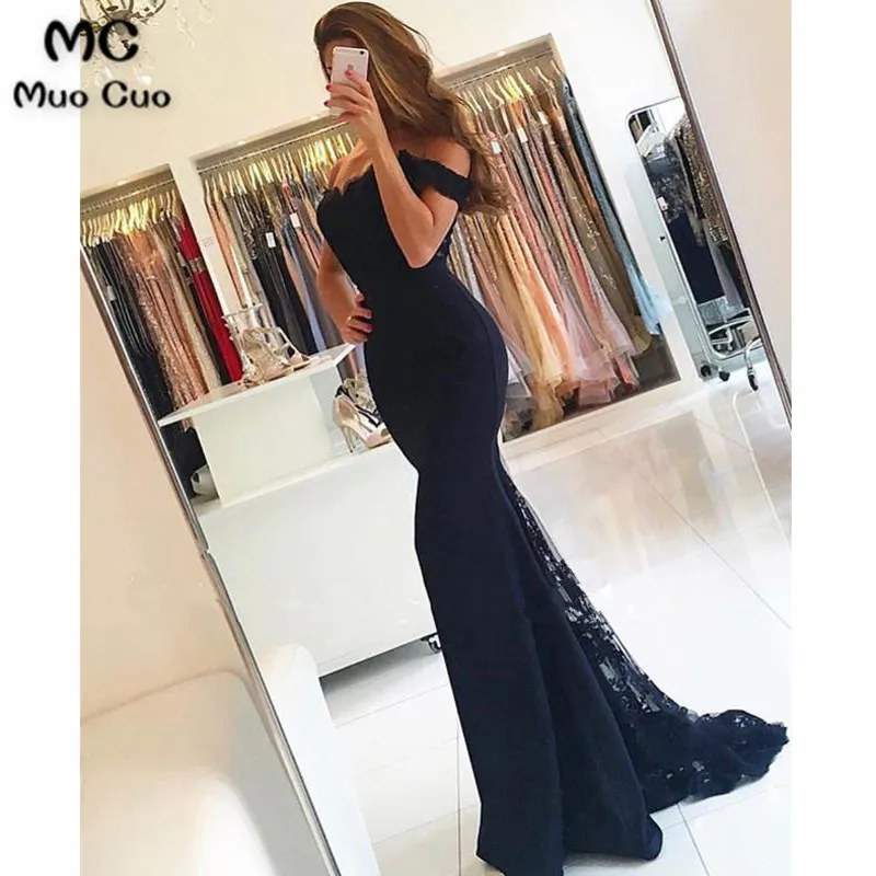 New 2018 Mermaid Off Shoulder Evening Dresses Deeo V-Neck Short Sleeve Elastic Satin Women's Lace Prom Dress | Свадьбы и