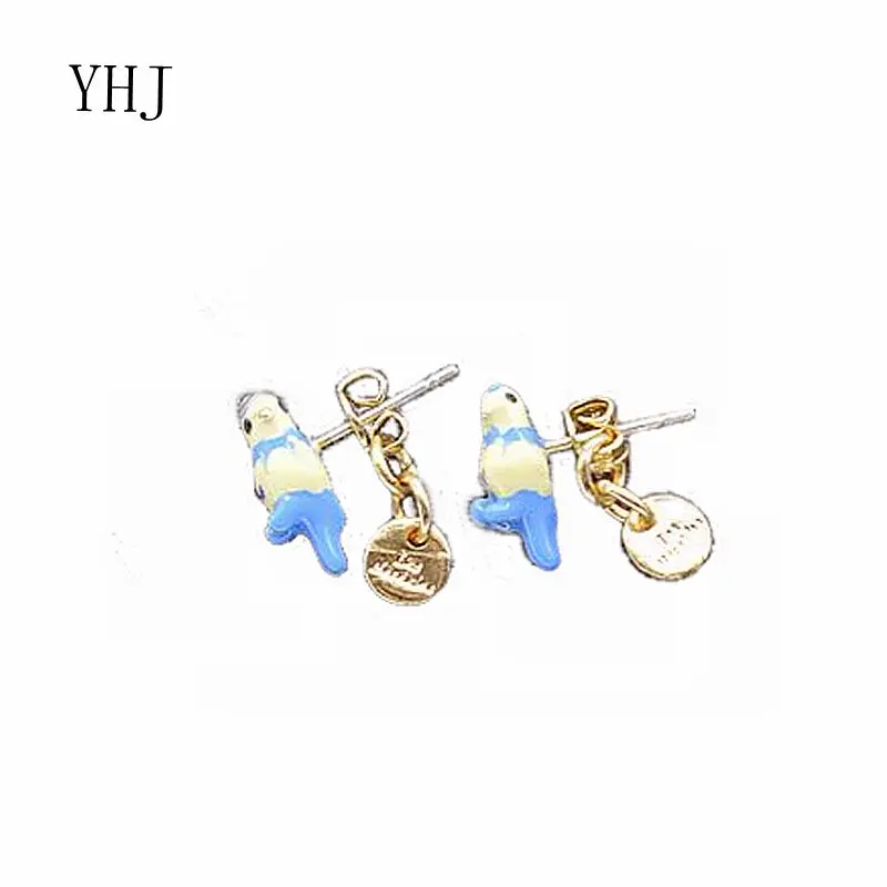 

YHJ Enamel Glazed blue tits, birds, silver needles, Earrings