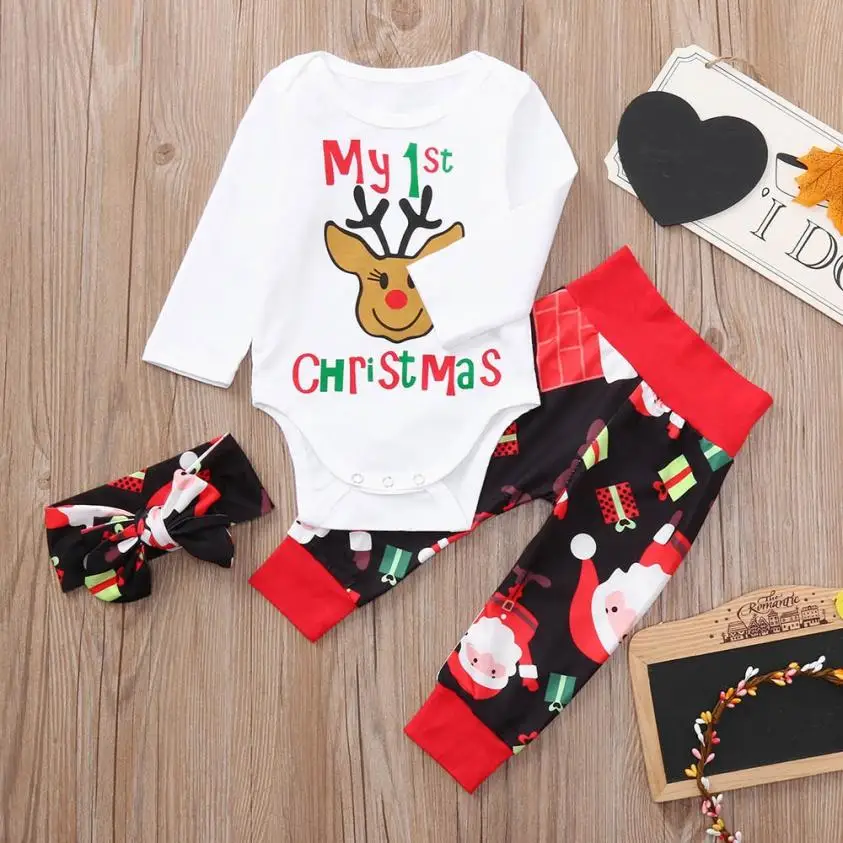 Новорожденных одежда на Рождество для малышей олень Мальчики ткань Письмо печати ползунки + штаны + повязка на голову Костюмы Комплект