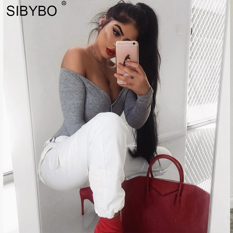 Sibybo قبالة الكتف حمالة نحيل النساء داخلية الخامس الرقبة طويلة الأكمام زر مثير رومبير النساء الخريف الشتاء ارتداءها بذلة