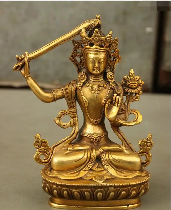 

6" Vajrayana Tantra Bronze Gilt WenShu Manjushri Buddha Wisdom Sword Statue