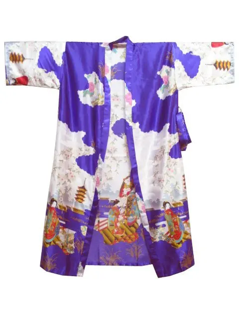 Сексуальный темно-синий китайский женский шелковый халат кимоно банное платье Цветы Размеры S M L XL XXL XXXL S0015 - Цвет: Фиолетовый