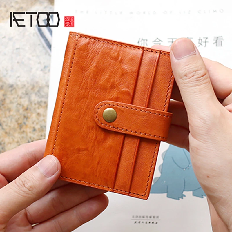 

AETOO Tanning leather Buckle Small card Baotou layer cowhide retro coin Wallet Leather Multi-card credit card pack