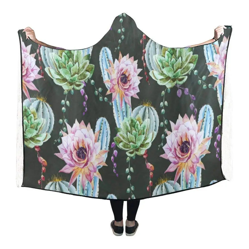 Beautiful Cactus Hooded Blanket,Fleece Hooded Throw WrapBlankets