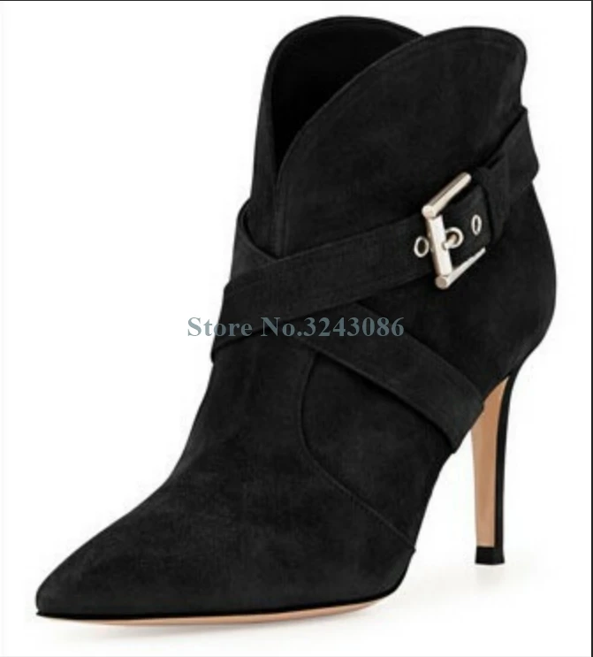 

Black Apricot Faux Suede Ankle Boots Pointed Toe Buckle Strap Stiletto Heel Boots Cross Tied Short Women Boots Spring Autumn