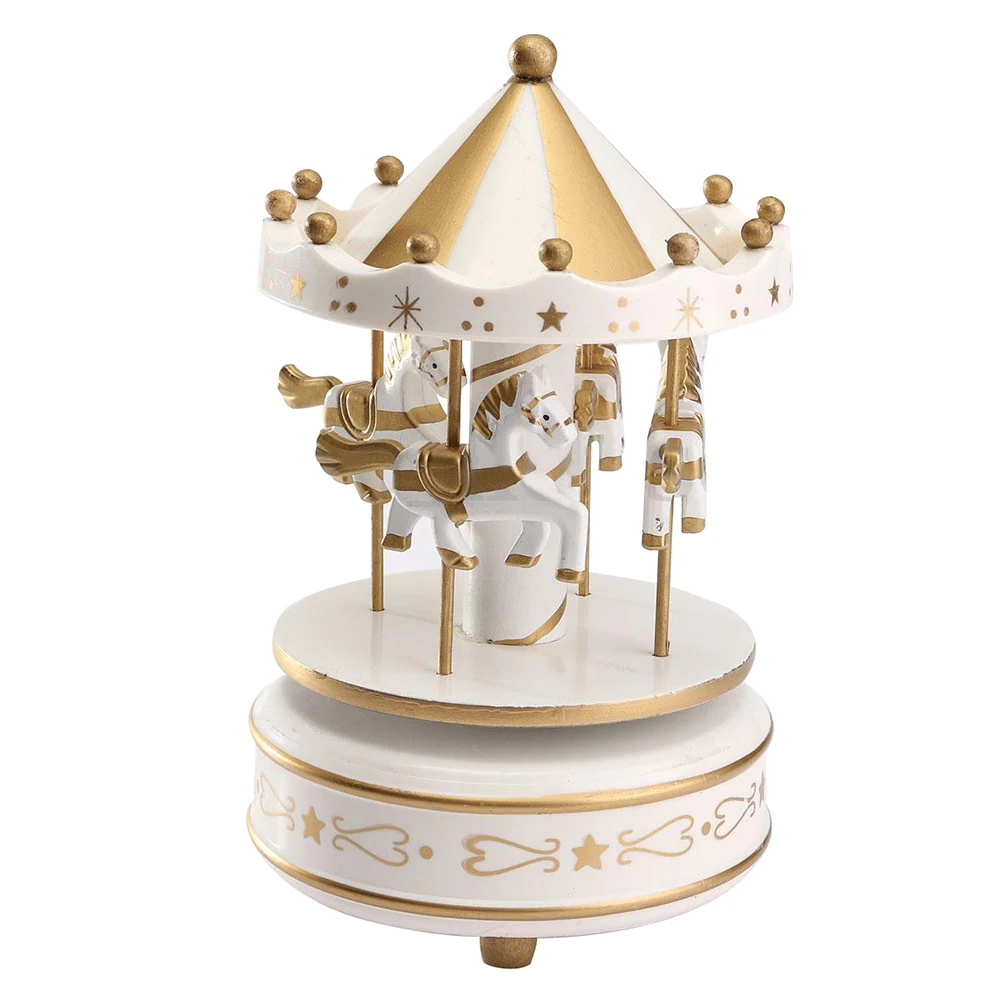 4 Colors Wooden Merry-Go-Round Carousel Music Box Kids Toys Gift Wind-Up Musical 