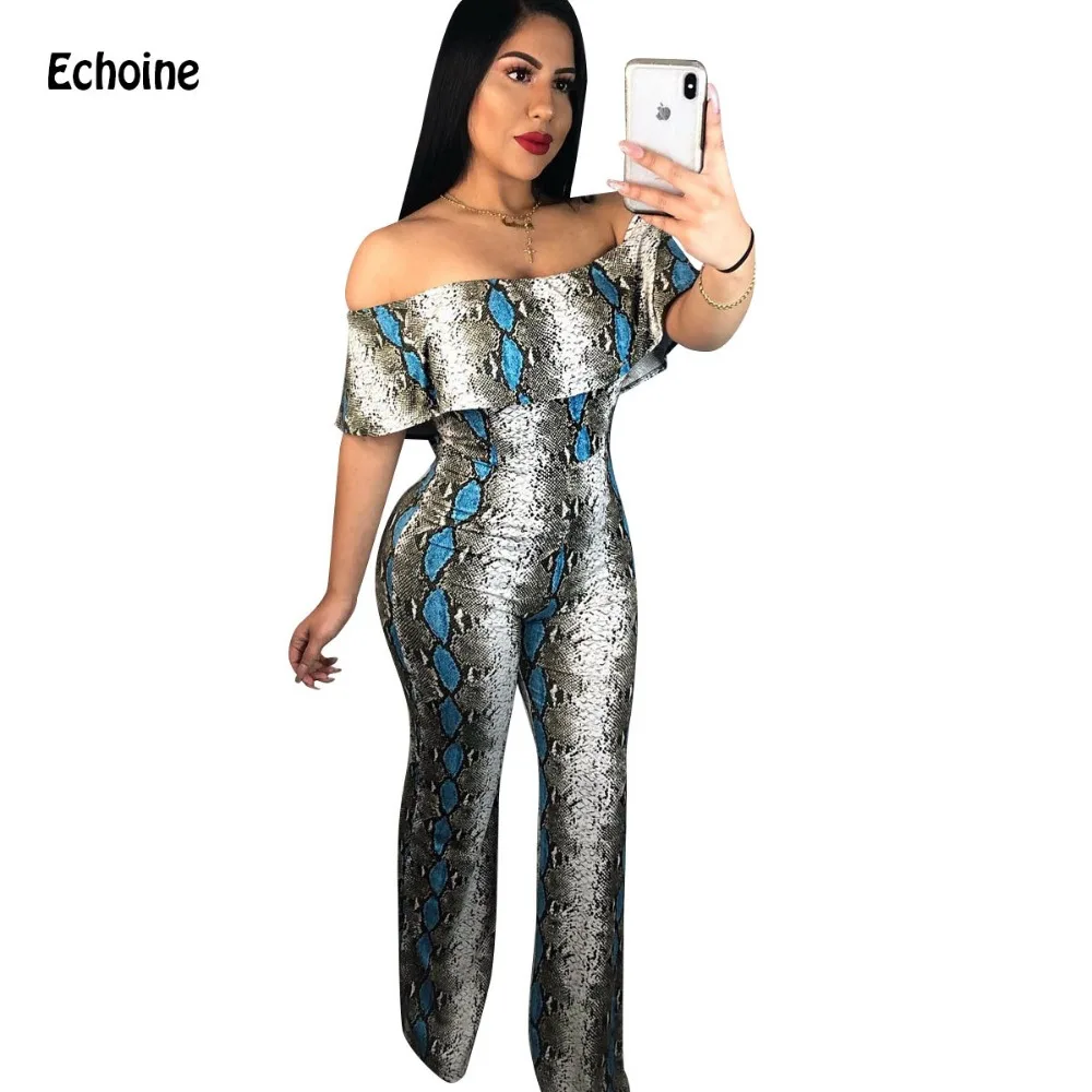

Echoine Jumpsuit Print Floral Slash Neck Ruffles Jumpsuits Off Shoulder Women Summer Sexy Rompers Overalls Wide Leg Pant