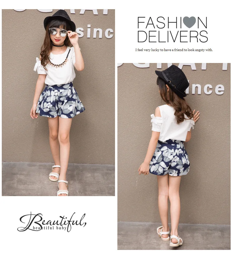 2019 Summer Girls Clothing For Teenage Short Sleeve Shirt Print Shorts Cotton Linen Kids Clothes Sets Fashion 2Pcs Children Suit (8)