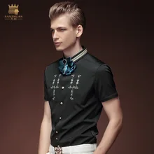 Новая модная повседневная мужская европейская Мужская Летняя коллекция, черная рубашка с воротником, черная рубашка с вышивкой, 15323, распродажа