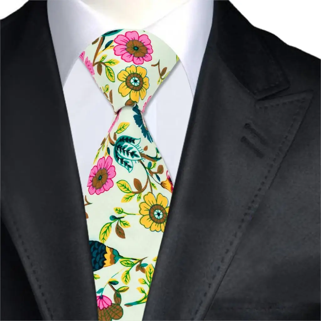 A 1302 Floral Mens Ties Necktie 100 Cotton Gravatas Ties Yellow Green