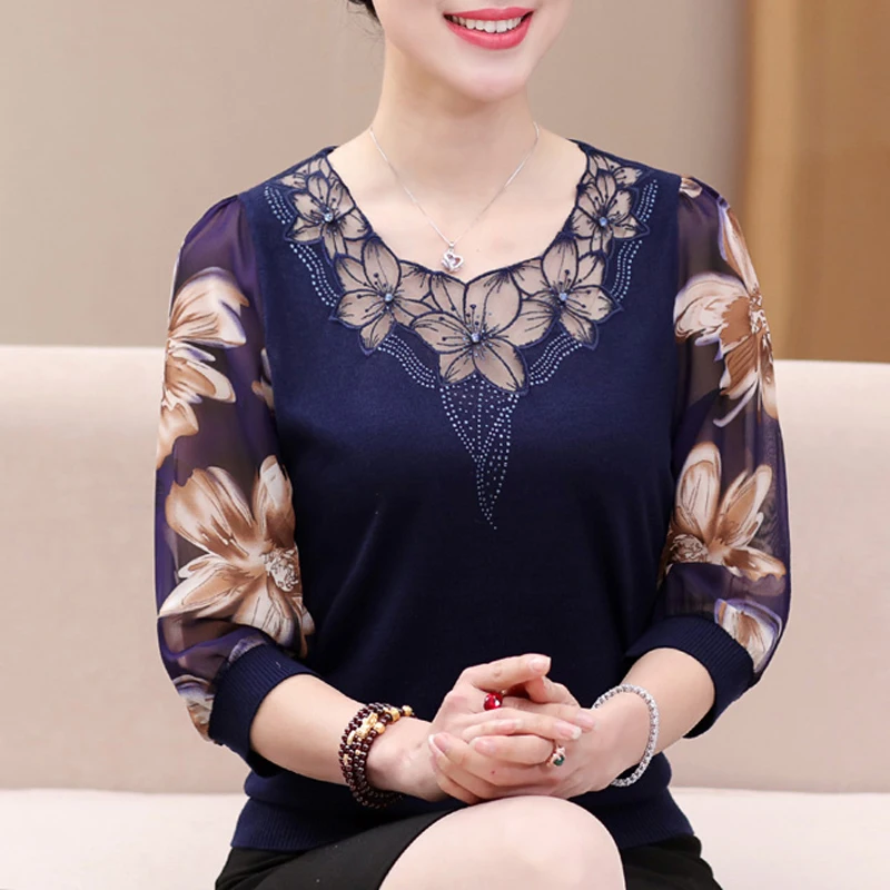 

2019 Summer Hollow out Lace Women Blouse Shirt Older Women Half sleeve flower printed see through O neck female Women tops 901F5