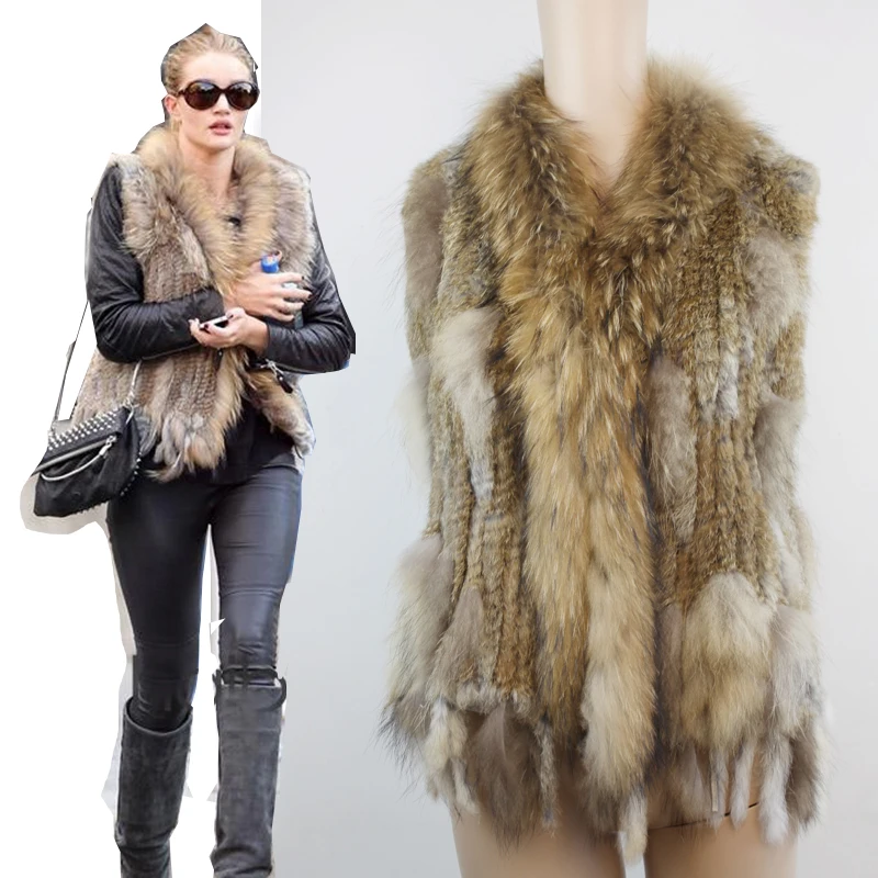 

Women Real Rabbit Fur Knitted Raccoon Fur Vest Women's Vests Knit Gilets Waistcoat Coat FRV004