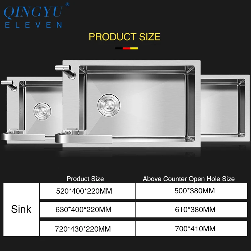 QINGYU ELEVEN Horizontal Kitchen Sink High Quality 304 Stainless Steel Dish Sink Large Size Single Bar Counter Kitchen Sink