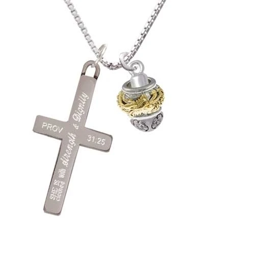 Gold Tone Dragon with Silver Tone Border Spinner - Strength and Dignity - Cross Necklace (1)