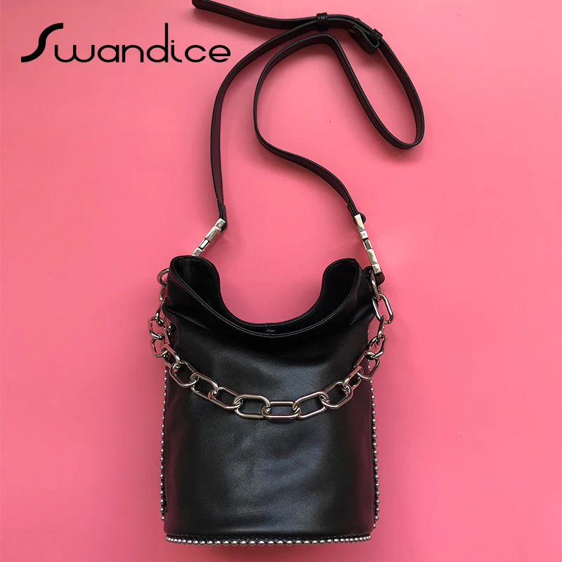 

100% Real Genuine Leather Ball Chain Big Chain Dry Sack Barrel Bucket Handbag Crossbody Shoulder Bags Wristlet 2019 Women Female