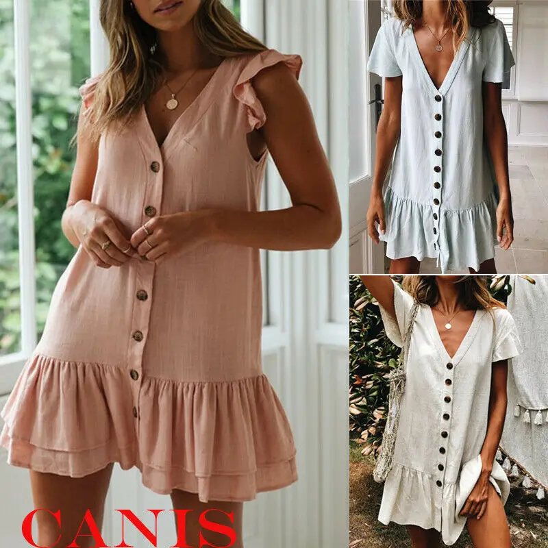 

Fashion Women Ruffle Button Dress Ladies Holiday Beach Casual Loose Solid Casual Mini Dress Sexy V-Neck Summer Dresses Vestidos