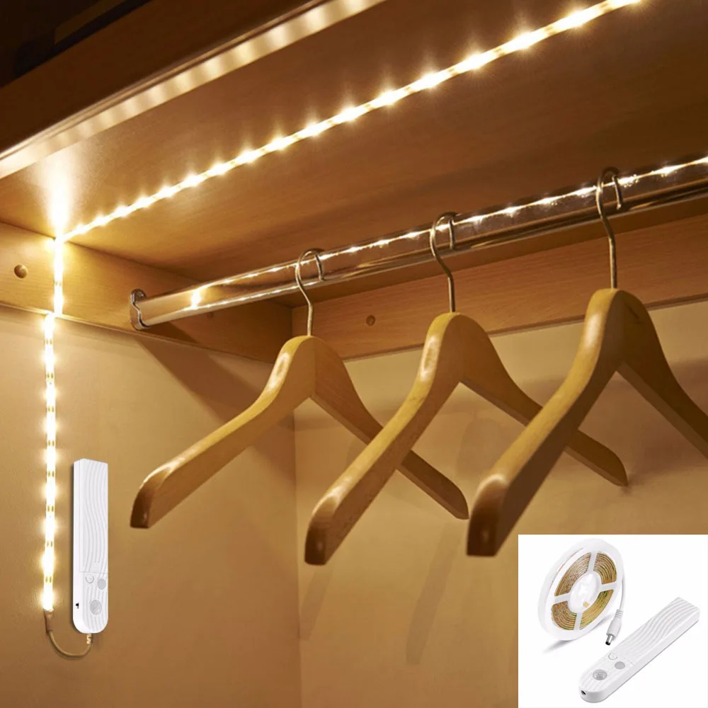

5V PIR Wireless Motion Sensor LED Cabinet light 1m 2m 3m Strip tape Under Bed lampNight light Closet Wardrobe Stairs Door light