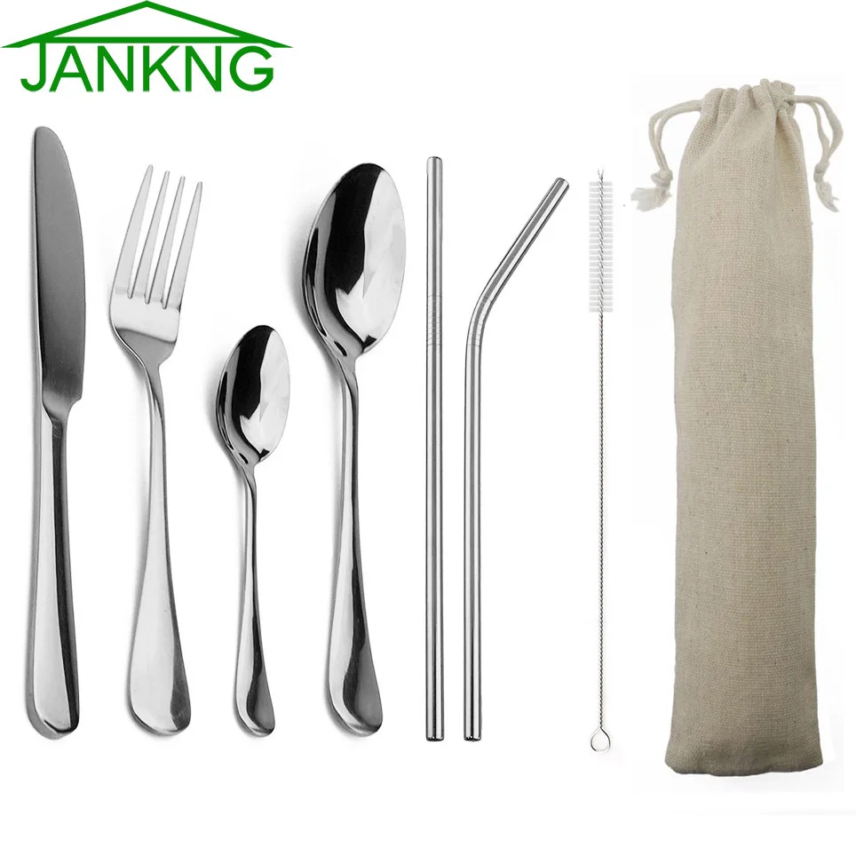 

JANKNG 7-Pieces Silver Flatware with Metal Straw Stainless Steel Tableware Knife Fork Spoon Dinnerware Travel Rainbow Cutlery
