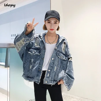 

Idopy Women`s Denim Jacket Baggy Boyfriend Style Ripped Loose Fit Vintage Ripped Distressed Jean Coat With Big Hole For Girls