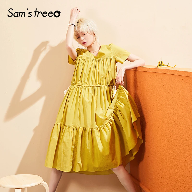

Samstree Summer Oversize Linen Dress for Women Plus Size Vintage A-Line Dresses 2019 Pockets String V-Neck Yellow Retro Dress