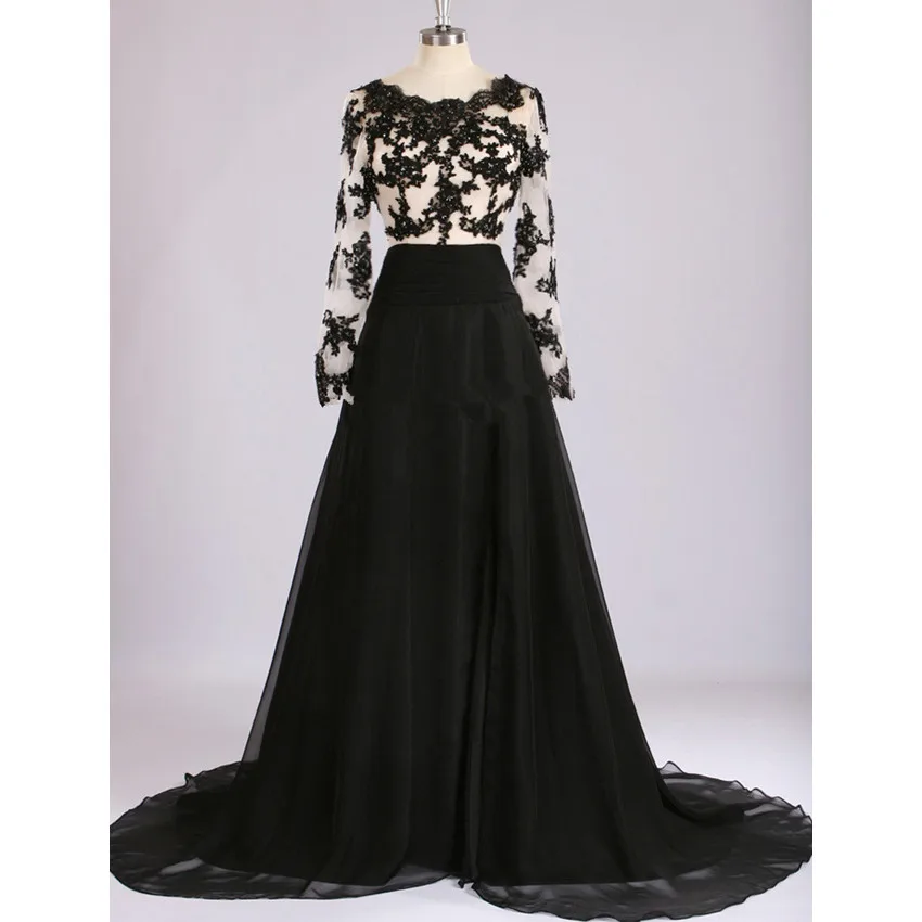 2017 Fashion Illusion Beaded Black Lace Evening Dresses Long Sleeve