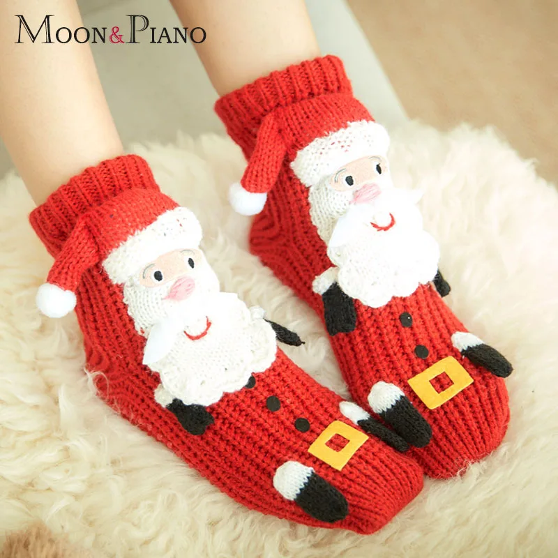 Новинка; зимняя теплая Нескользящая шерстяная домашняя обувь для женщин с изображением милых животных; утепленные носки-тапочки для взрослых