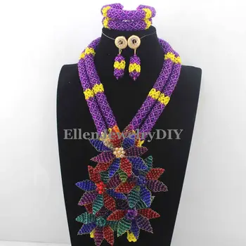 

Colorful Flower Pendant Statement Necklace Set Purple/Yellow Bridal Beads Costume African Jewelry Set Free Shipping W13027