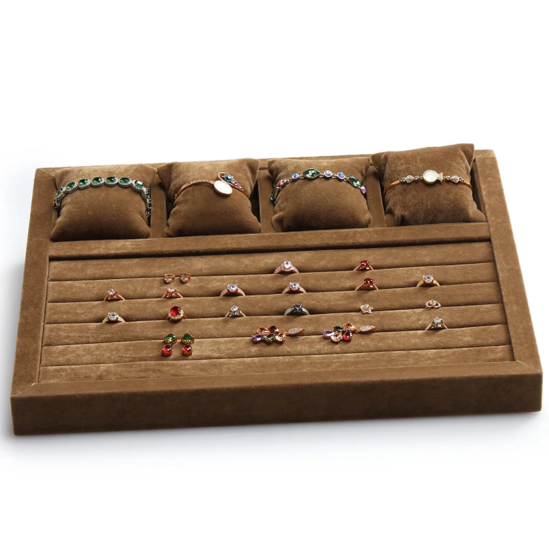 

free shipping brown velvet 4 grids pillow and 5 lines ring trays velvet 4 grids pillow cotton ring bracelet trays GD2574