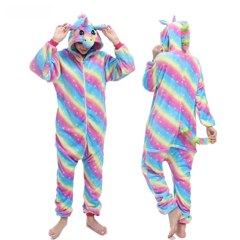 Пижамы единорога, женский комбинезон, кигуруми, панда, зимняя Фланелевая пижама, кигуруми, для взрослых, ночная рубашка, стежка, единорог, одежда для сна, комбинезон - Цвет: Rainbow Star Unicorn