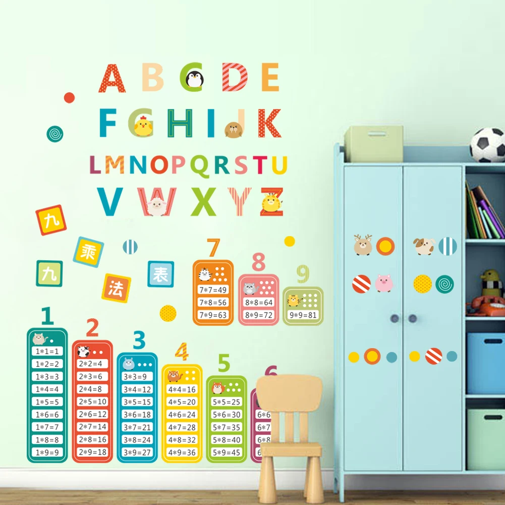 children teaching tools animals English alphabet Nine multiplication tables kids room nursery wall sticker home decor decal