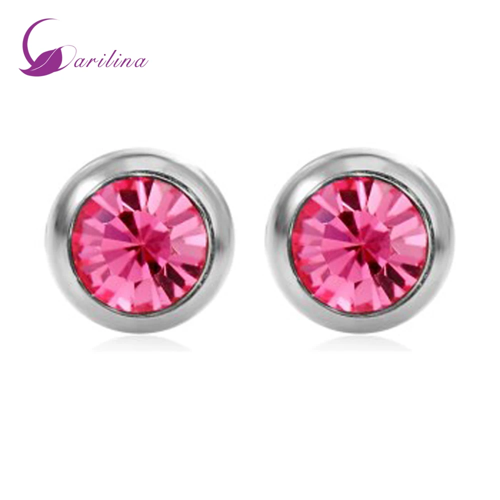Round Hot Pink Austrian Crystal Silver Color Earrings Stud For Teen Girls Fashion Jewelry E2087 | Украшения и аксессуары