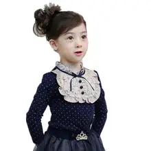 Школьные рубашки для девочек; сезон весна-осень-зима детские топы и блузки в горошек с длинными рукавами и кружевным бантом для девочек одежда для малышей; JW3261