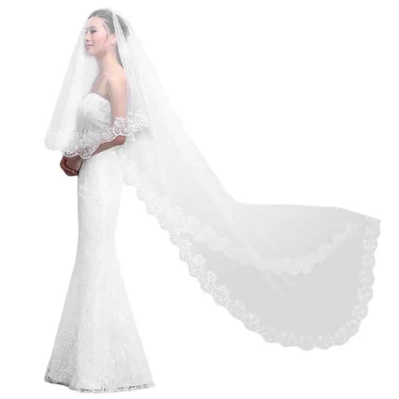 Keahup Women Pure White Wedding Veil 3M Long Embroidered Floral Lace Scalloped Edge Bridal Cathedral 1 Layer Party Accessories Without Comb