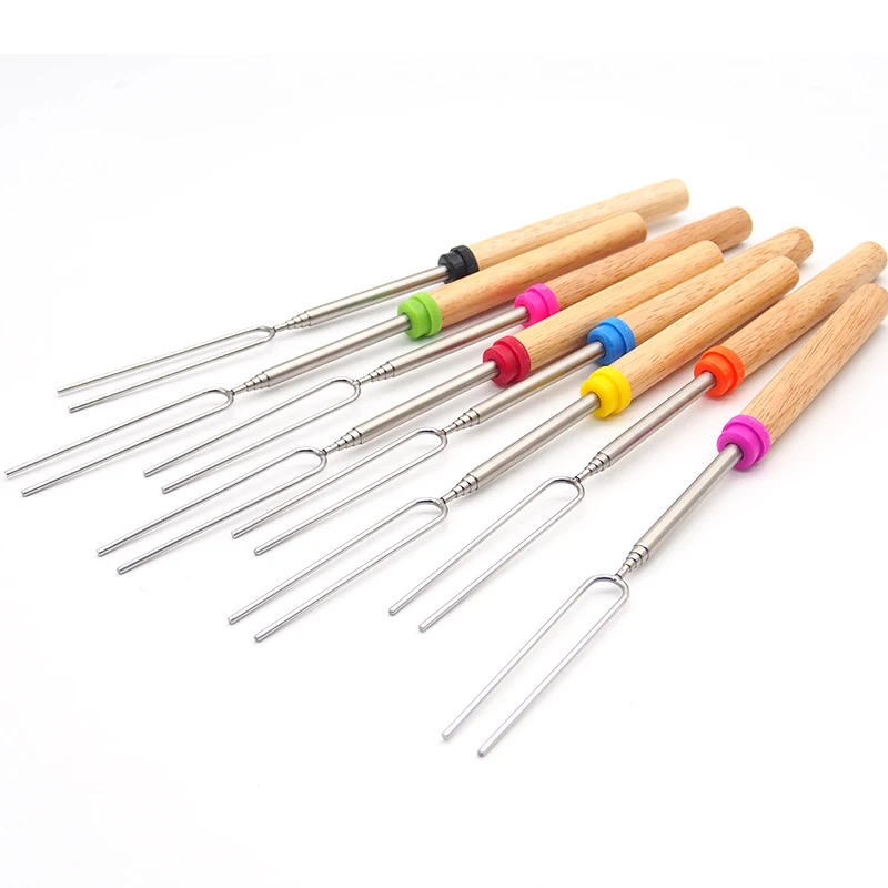 2 Pcs/set BBQ Forks Camping Campfire Stainless Steel Wooden Handle Telescoping Barbecue Roasting Fork Sticks Skewers BBQ Forks